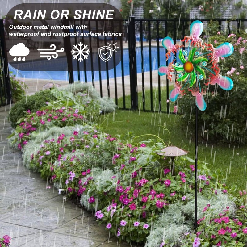 Senflame Jellyfish Wind Spinners - 39" Ocean-Themed Metal Wind Sculptures Garden Stake Art, 13.5” Windmill Yard Kinetic, Outdoor Decor for Patio & Lawn - Metal Beach Sculpture with Jellyfish Design - Image 5